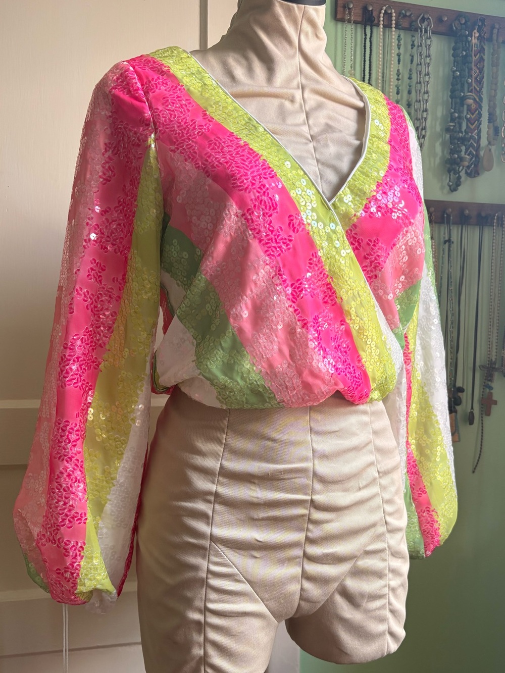 BTF-LIFE Women's Sequin Cropped Wrap Blouse - Pink, Lime, Green